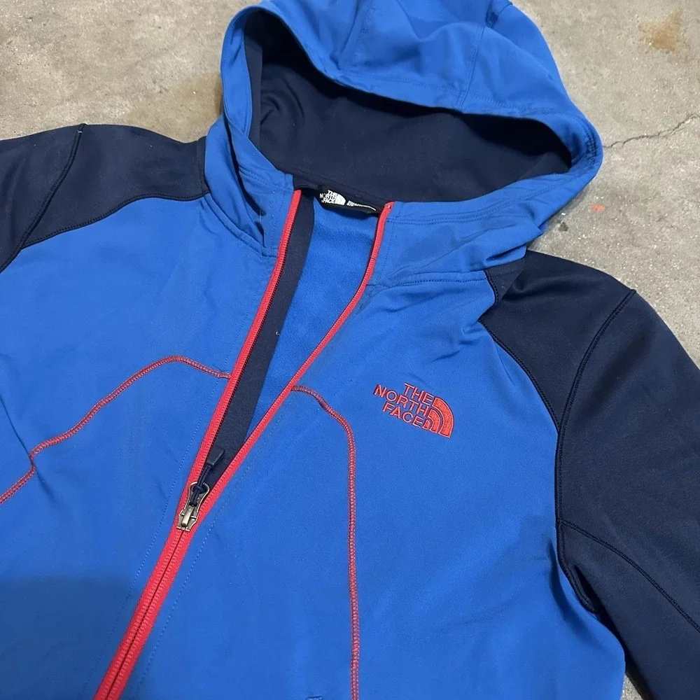 North Face Soft Shell Kilowatt Hooded Full Zip Jacket Blue Outdoors Hiking Small